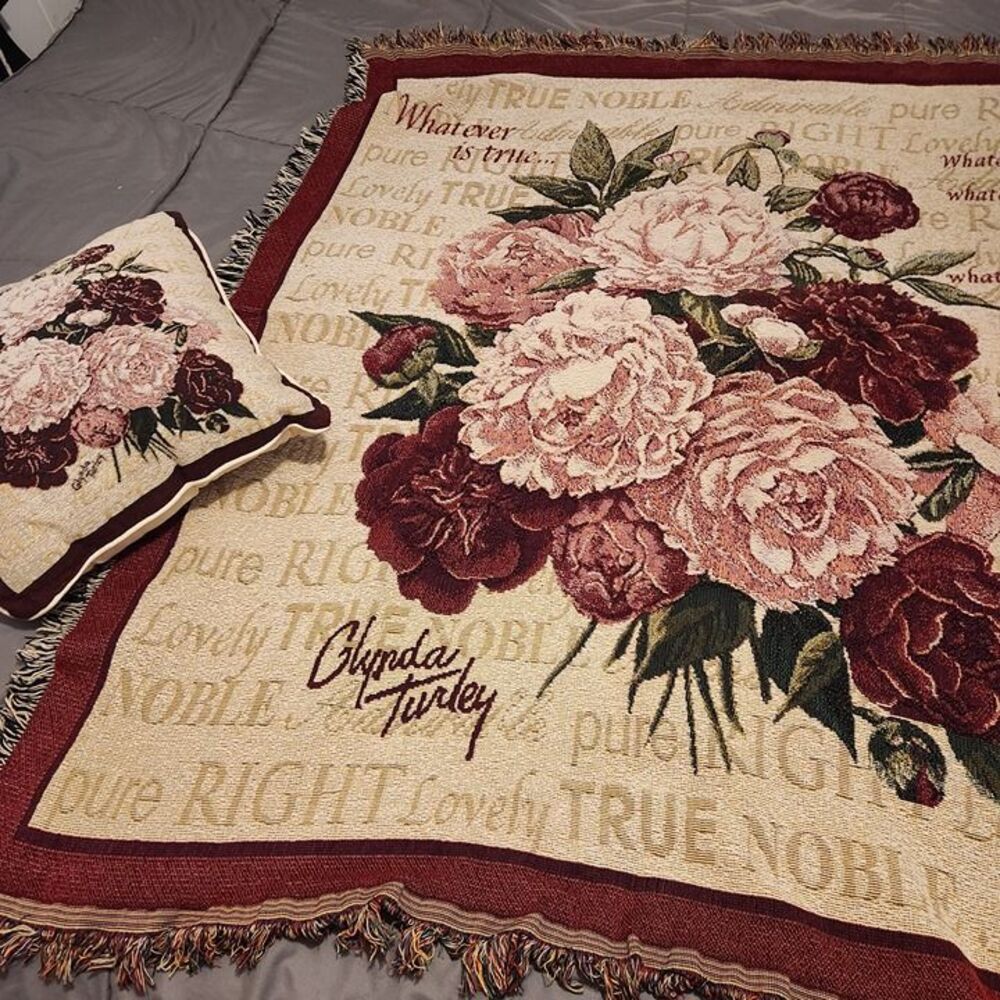 Peony Tapestry Pillow with Matching Throw Blanket 52" X 62"